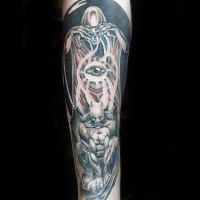 Fantasy style creepy looking colored tattoo of skeleton wizard with gargoyle statue