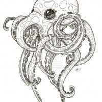 Fine black google-eyed octopus tattoo design