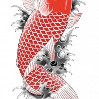 Full-red koi fish splashing in grey waves tattoo design
