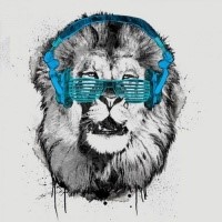 Funny grey-ink animal in bright blue earphones and glasses tattoo design