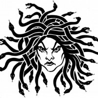 Furious black-ink medusa gorgona head tattoo design
