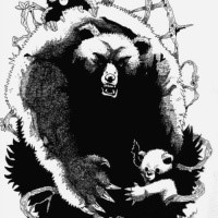Furious black bear protecting her cubs tattoo design