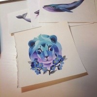 Geometric blue-and-purple lion and crossed flower branches tattoo design