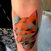 Geometrical style colored forearm tattoo of fox head