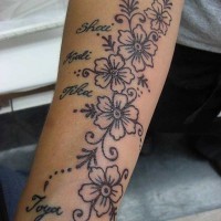 Girly black-and-white flower tattoo with name quotes on forearm