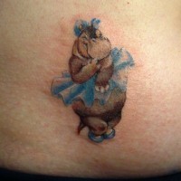 Girly colorful hippo in ballerina skirt tattoo on hip