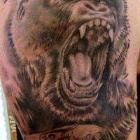 Gnarling gorilla head with ribboned lettering tattoo on upper arm