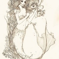 Good pencilwork mermaid playing with fishes tattoo design