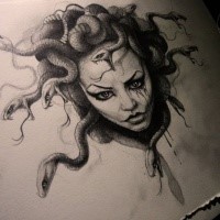 Gorgeous black-ink crying medusa gorgona head tattoo design