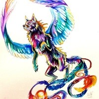Gorgeous multicolor winged mythic animal tattoo design