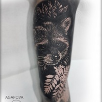 Great black and grey racoon tattoo on arm