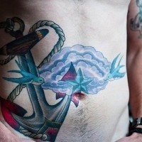 Great colored old school anchor with cloud and birds tattoo for men on belly
