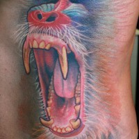Great colorful crying baboon tattoo on side