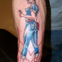 Great colorful garage girl tattoo for guys on forearm