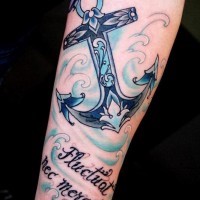 Great curled blue anchor with bow and lettering tattoo on forearm