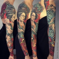 Great japanese full sleeve tattoo with geisha and fenix