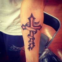 Great religious ribboned cross tattoo on forearm