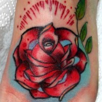 Great traditional red rose flower tattoo for girls on foot