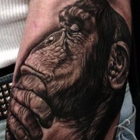 Great uncolored thinking chimpanzee tattoo on arm