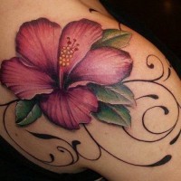 Great violet hawaiian flower tattoo on shoulder