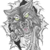Green-eyed wolf rushing from the paper tattoo design
