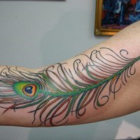 Green peacock feather tattoo on upper arm