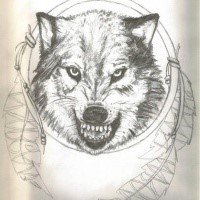 Grey-pencil snarling wolf head in dream catcher frame tattoo design