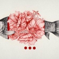 Grey fish with red peony flowers insides tattoo design