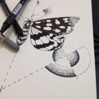 Half-butterfly and difficult geometric drawings tattoo design