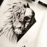 Half-lion half-skull on black rhombus tattoo design