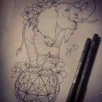 Happy new school elephant standing on geometric ball tattoo design