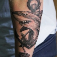 nero scuro ancora con squalo cattivo tatuaggio su braccio per ragazzi