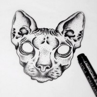 Horrible empty-eyed dotwork sphynx cat head tattoo design
