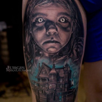 Horror girl and mansion tattoo on thigh