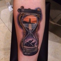 Hourglass with lighthouse and sunken ship tattoo