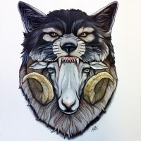 Hungry wolf eating a poor white sheep tattoo design - Tattooimages.biz