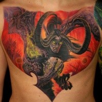 Tatuagem de peito colorido estilo fantasia ilustrativa de demônio Warcraft