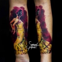 Estilo ilustrativo colorido retrato tatuagem de dançarina mulher