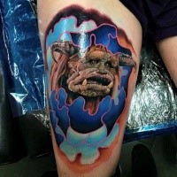 Illustrative style colored thigh tattoo of funny monster
