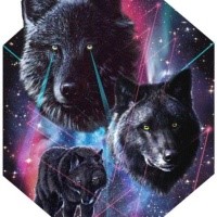Impressive black wolfs on olorful space background tattoo design