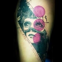 Impressive colored thigh tattoo of woman portrait with mask