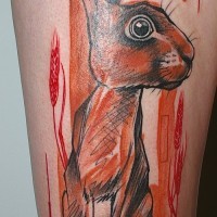 Impressive colorful hare with blooded streaks tattoo on thigh
