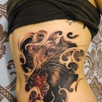 Impressive rodent hanging heart under skin tattoo on side