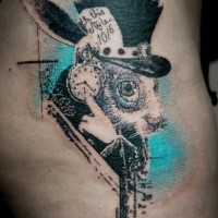 Interestign trash polka style thigh tattoo of rabbit with clock and lettering