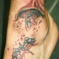 Interesting-designed uncolored ant tattoo on foot