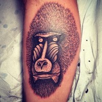 Interesting black-and-white baboon head tattoo on arm