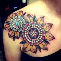Interesting designed colorful old school mandala flower with leaves tattoo
