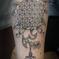 Interesting designed flower of life on stem growing from lotus tattoo on arm