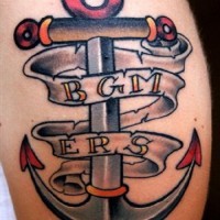 Iron anchor with lettering tattoo on shin