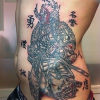Japanese warrior surrounded with hieroglyphs tattoo on ribside
